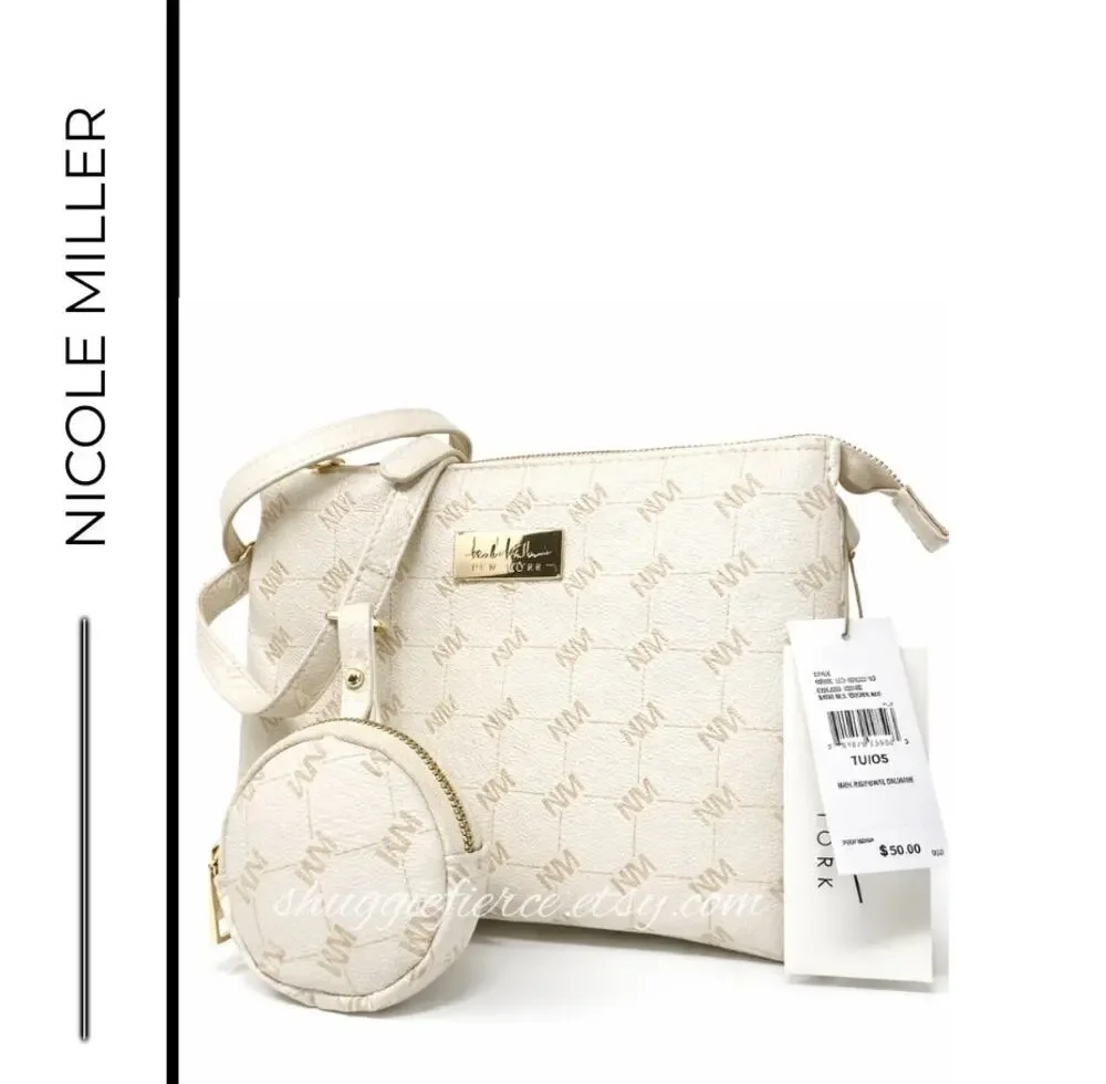 MSRP $50 | NWT Nicole Miller Off White Logo Crossbody Bag w/ Pouch Gold Hardware